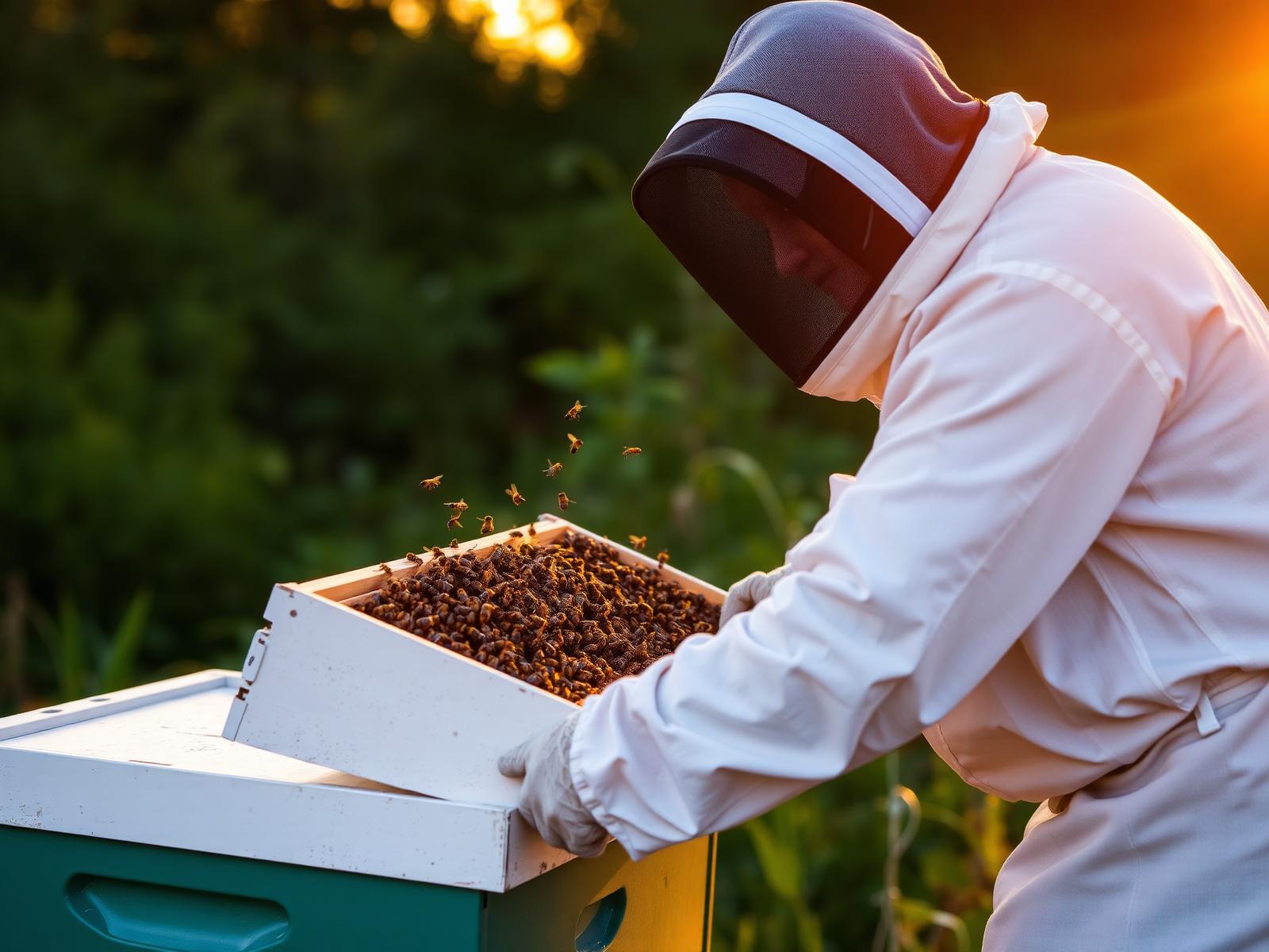 Beekeeper carefully relocating a hive at sunset