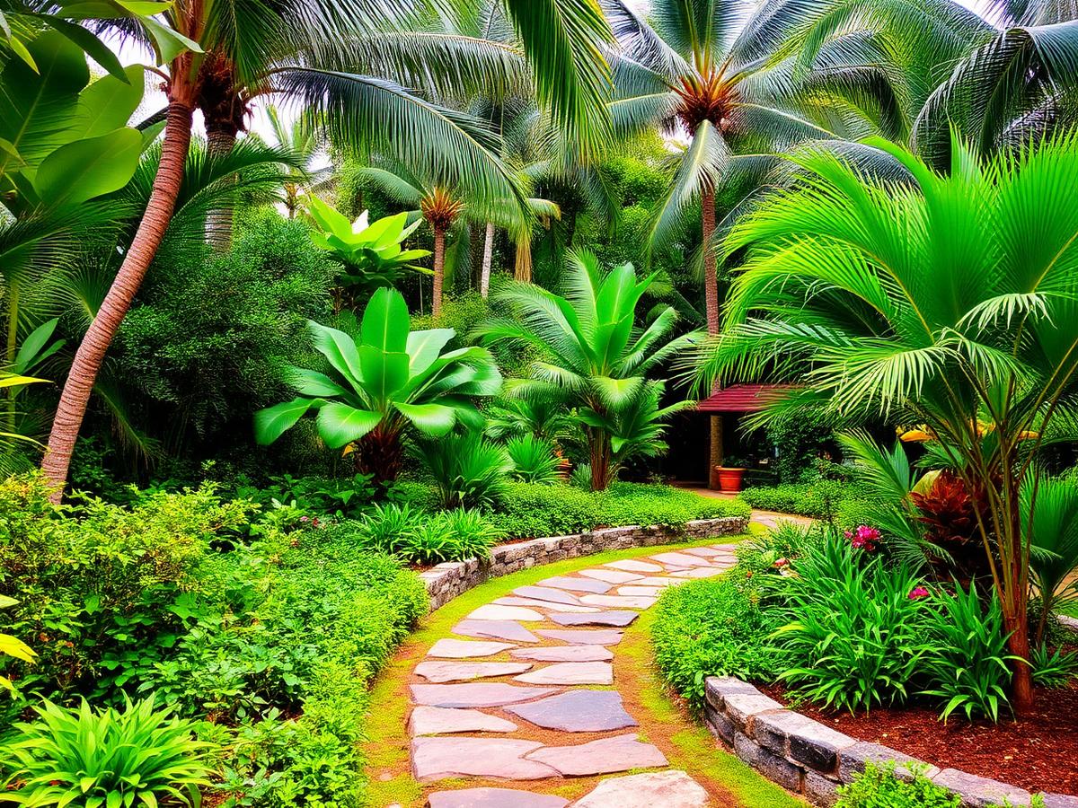 Lush tropical landscape garden with stone path